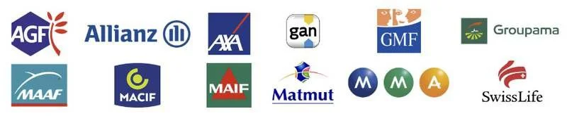 Compagnies d’assurance : AGF, Allianz, AXA, Gan, GMF, Groupama, MAAF, MACIF, MAIF, Matmut, MMA, Swiss Life
